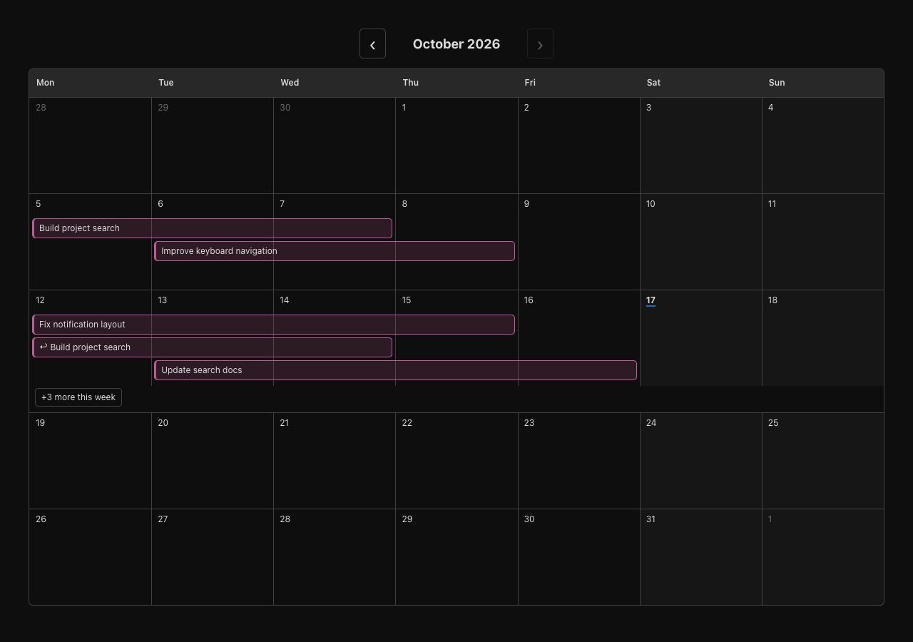October Calendar example: Build project search on October 5–7 and resumed on October 12–14, with a +3 more this week control