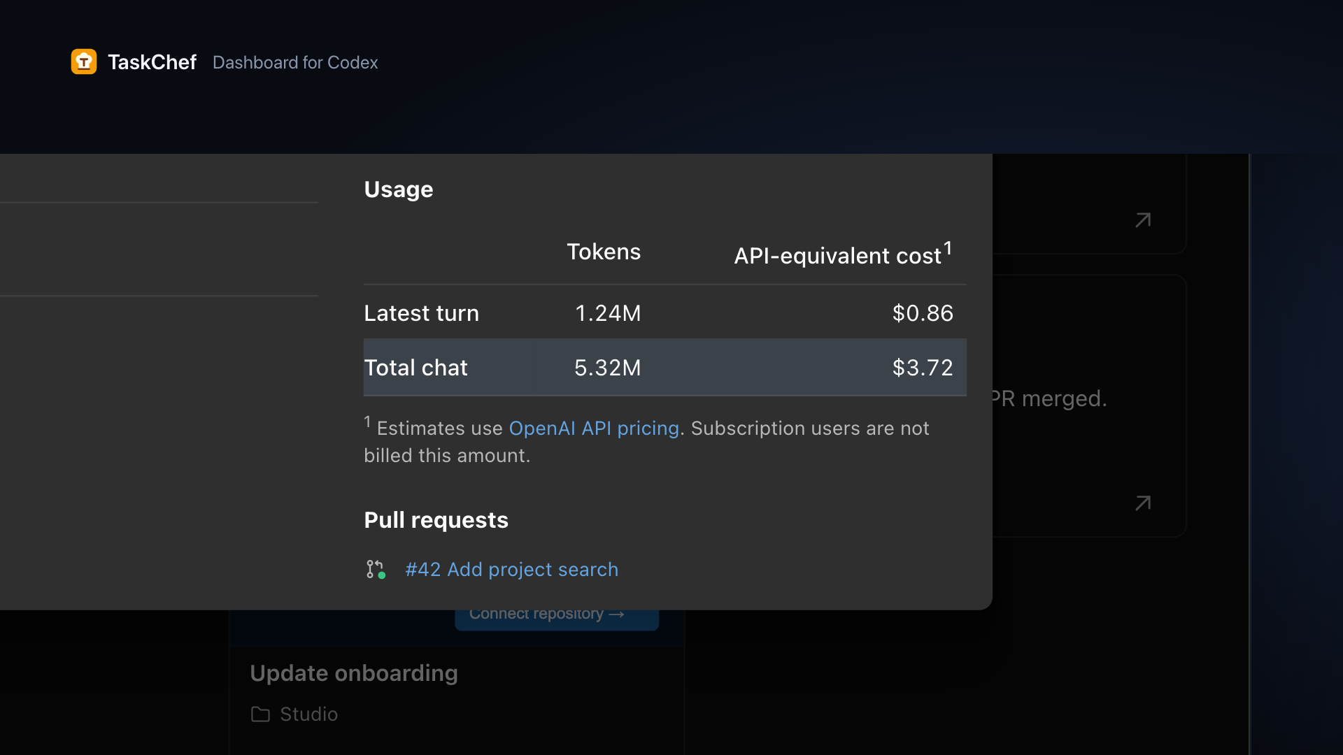 Latest-turn and total-chat token usage and estimated API-equivalent cost